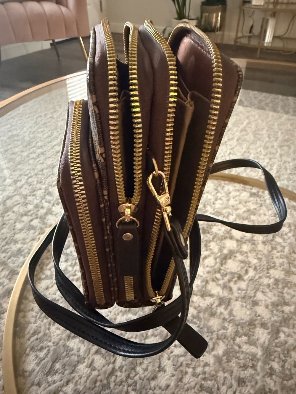 Designer Inspired Bee Crossbody Phone Bag Brown Monogram Triple Zip Wallet Purse - Picture 2 of 7